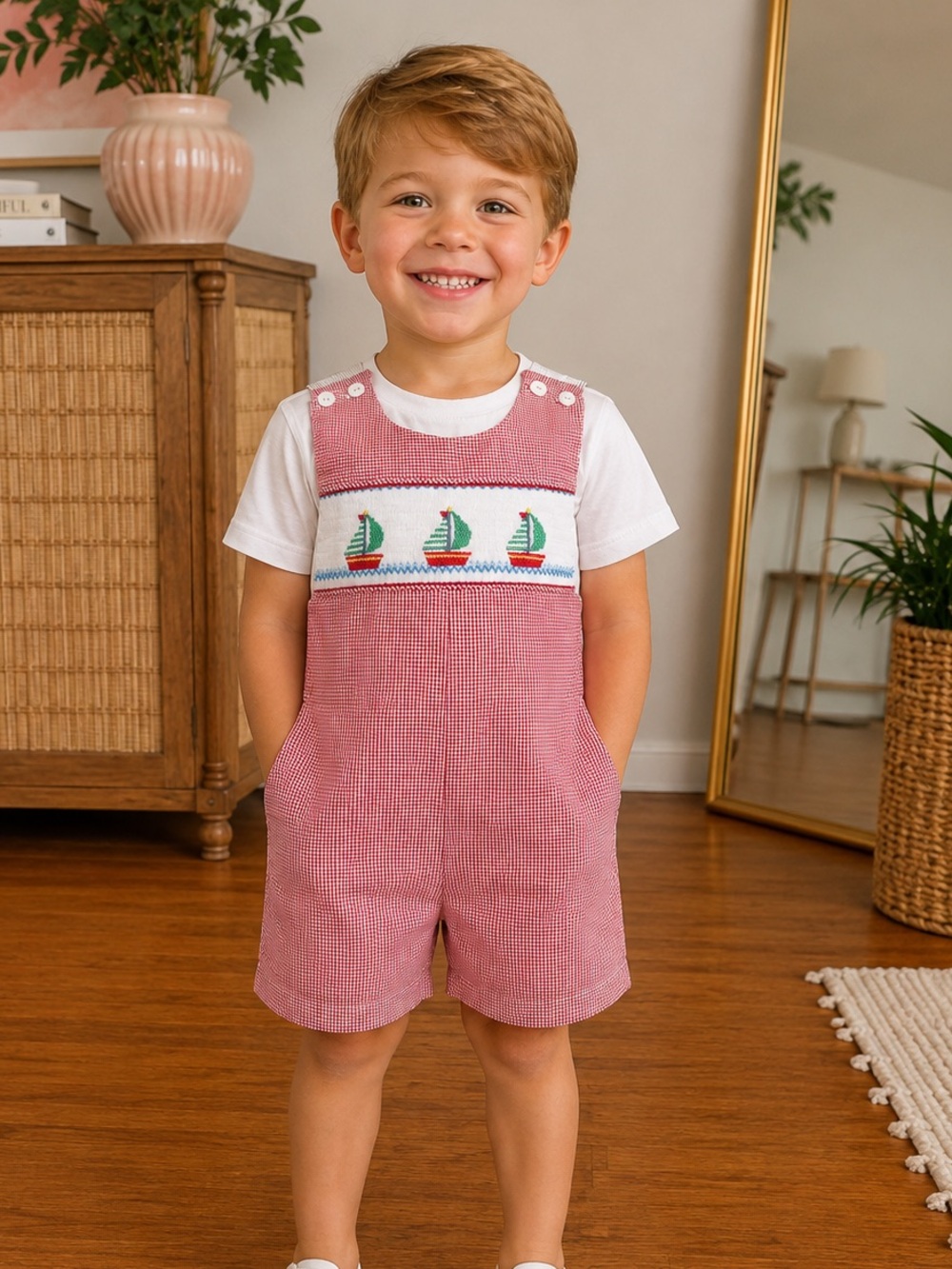 Vintage Smocked Remember Nguyen Red Checkered One Piece Sailboats 4T Shortalls